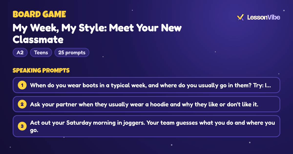Board Game: My Week, My Style: Meet Your New Classmate (A2, Teens, 25 prompts)
