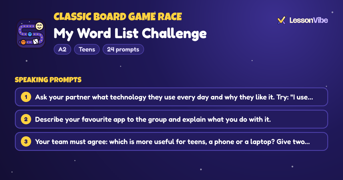 Classic Board Game Race: My Word List Challenge (A2, Teens, 24 prompts)