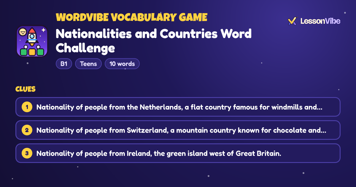 WordVibe Vocabulary Game: Nationalities and Countries Word Challenge (B1, Teens, 10 words)