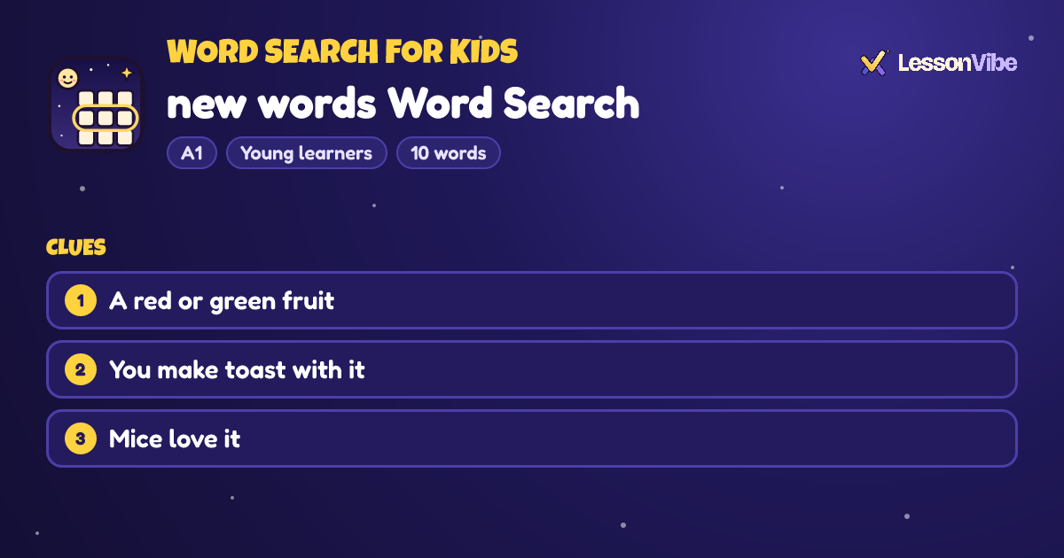 Word Search for Kids: new words Word Search (A1, Young learners, 10 words)