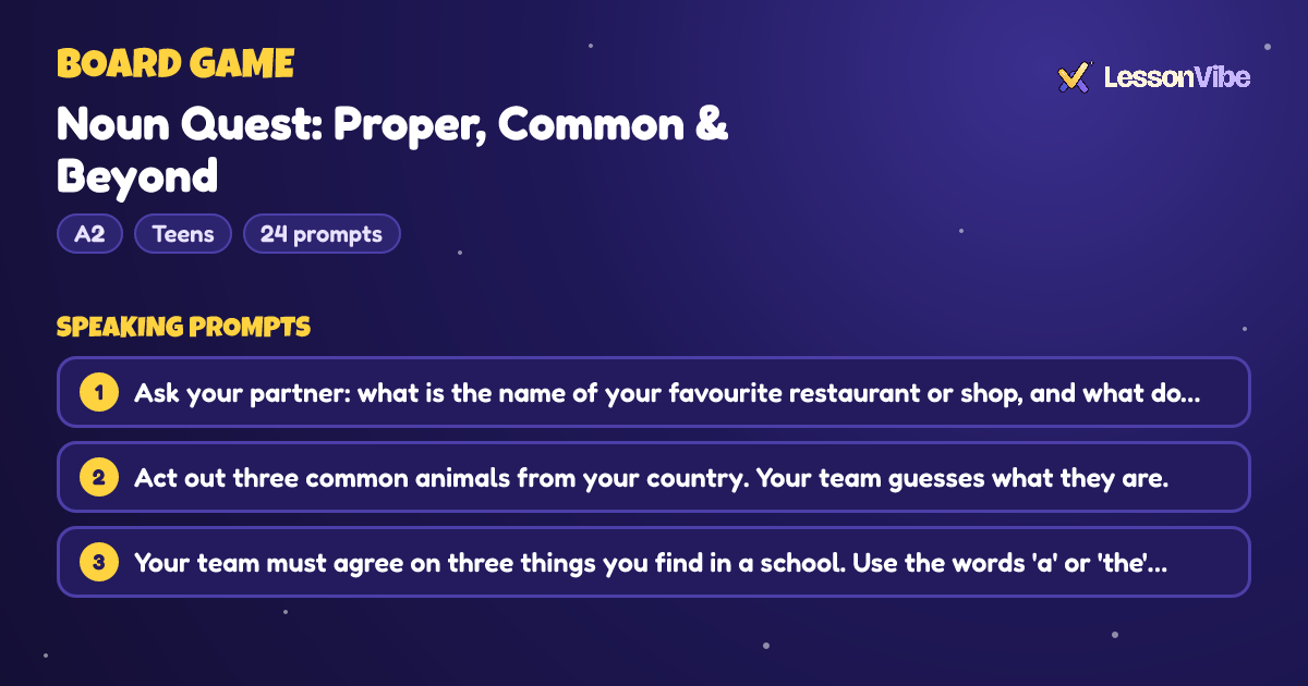 Board Game: Noun Quest: Proper, Common & Beyond (A2, Teens, 24 prompts)