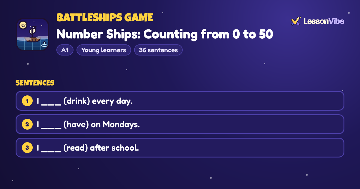Battleships Game: Number Ships: Counting from 0 to 50 (A1, Young learners, 36 sentences)
