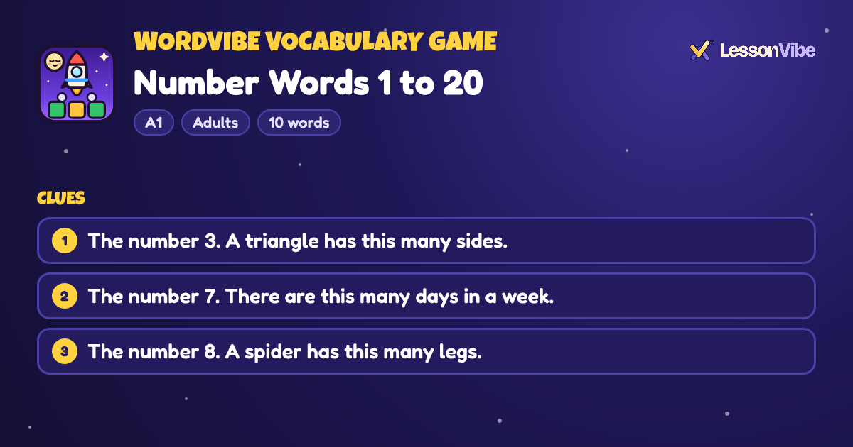WordVibe Vocabulary Game: Number Words 1 to 20 (A1, Adults, 10 words)