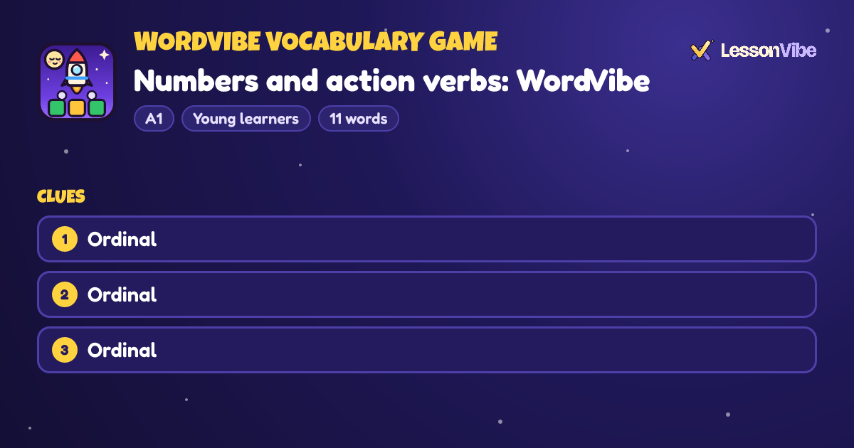 WordVibe Vocabulary Game: Numbers and action verbs: WordVibe (A1, Young learners, 11 words)