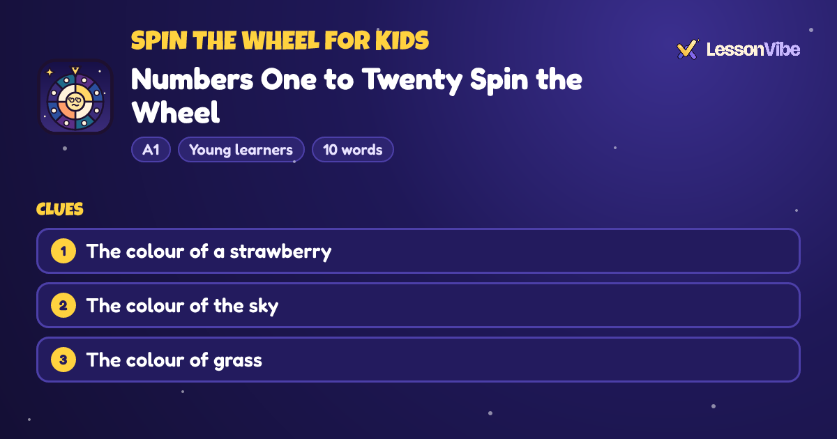 Spin the Wheel for Kids: Numbers One to Twenty Spin the Wheel (A1, Young learners, 10 words)