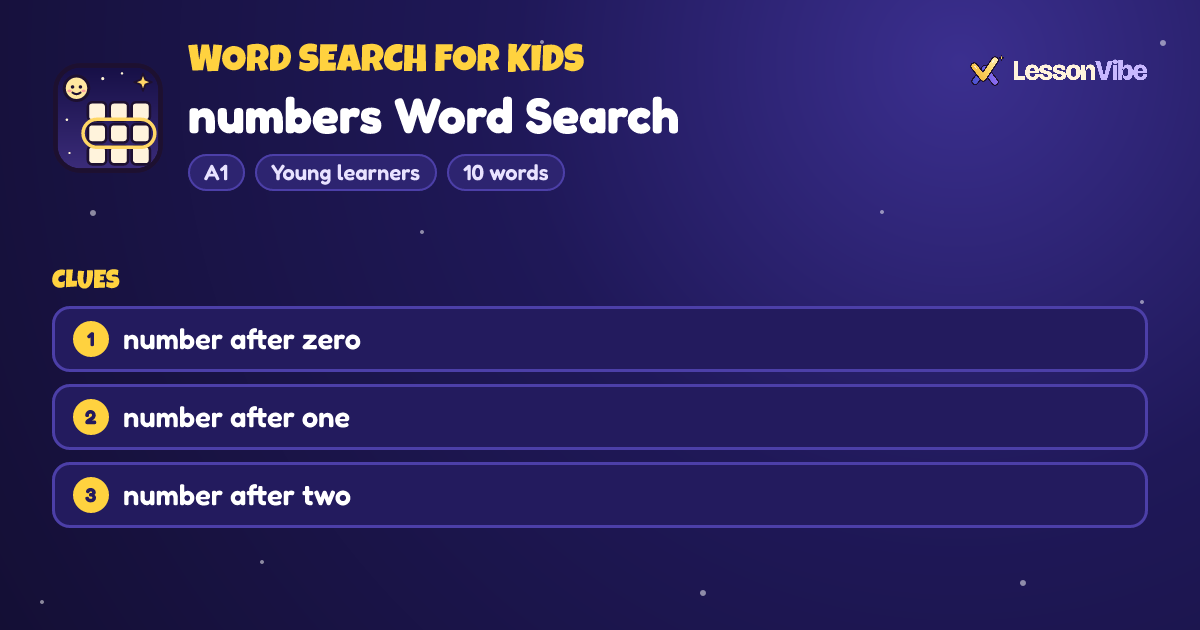 Word Search for Kids: numbers Word Search (A1, Young learners, 10 words)