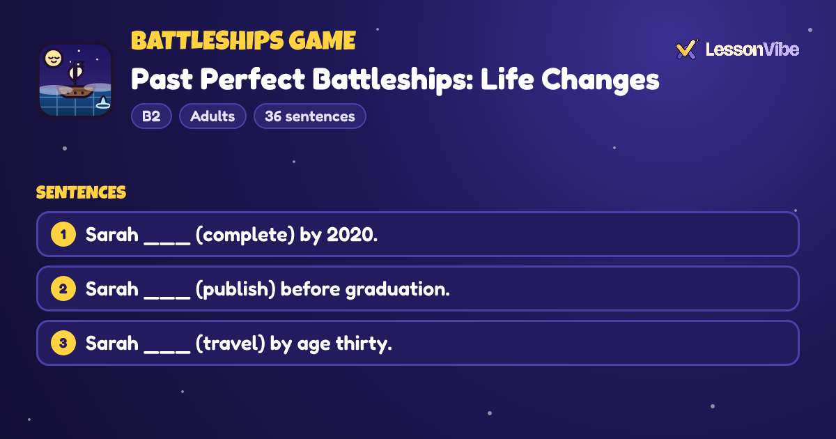 Battleships Game: Past Perfect Battleships: Life Changes (B2, Adults, 36 sentences)
