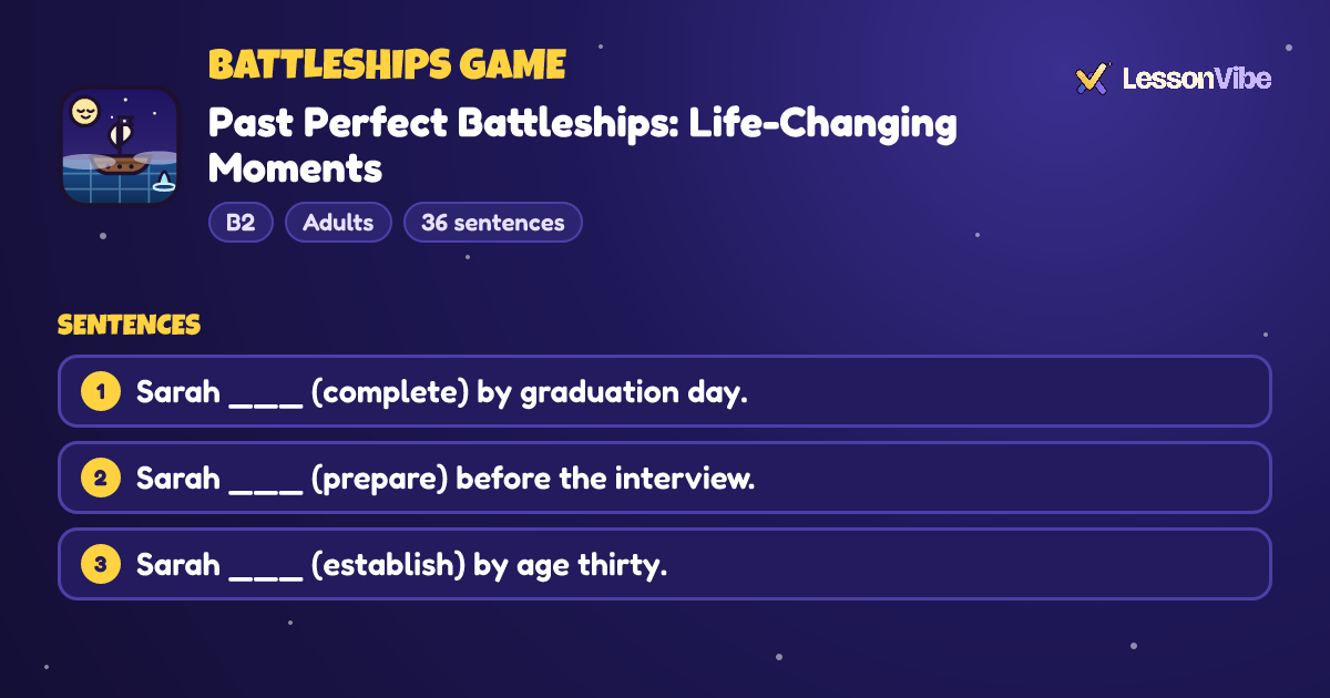 Battleships Game: Past Perfect Battleships: Life-Changing Moments (B2, Adults, 36 sentences)