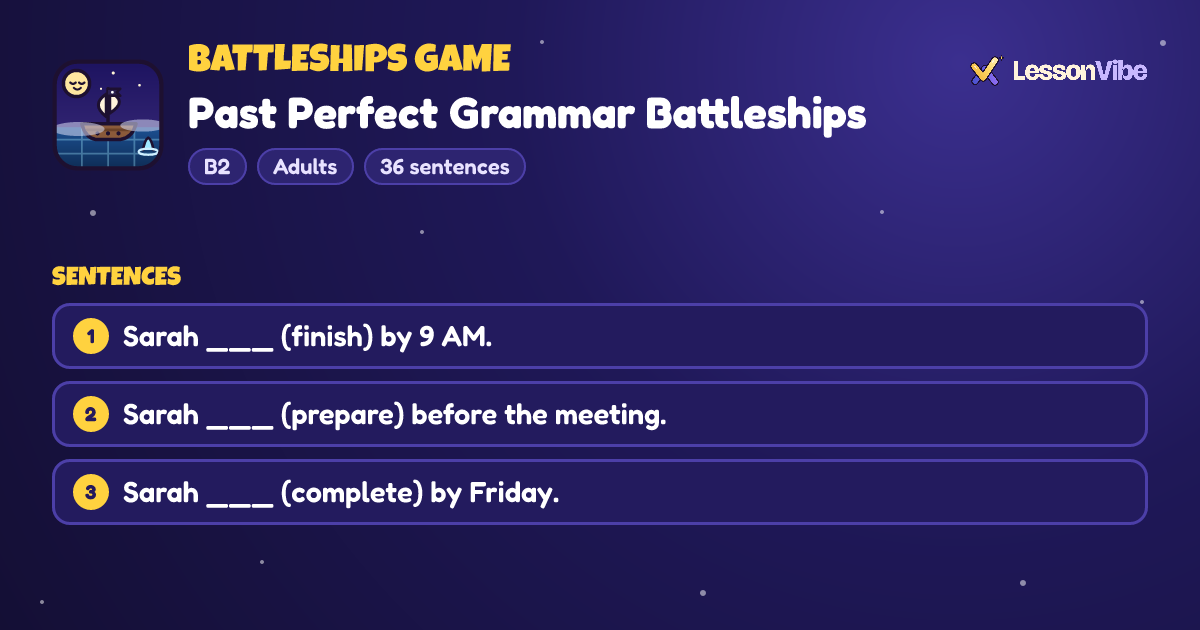 Battleships Game: Past Perfect Grammar Battleships (B2, Adults, 36 sentences)
