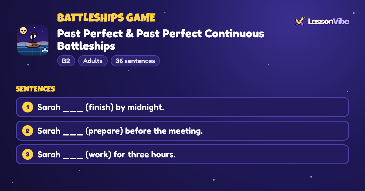 Battleships Game: Past Perfect & Past Perfect Continuous Battleships (B2, Adults, 36 sentences)