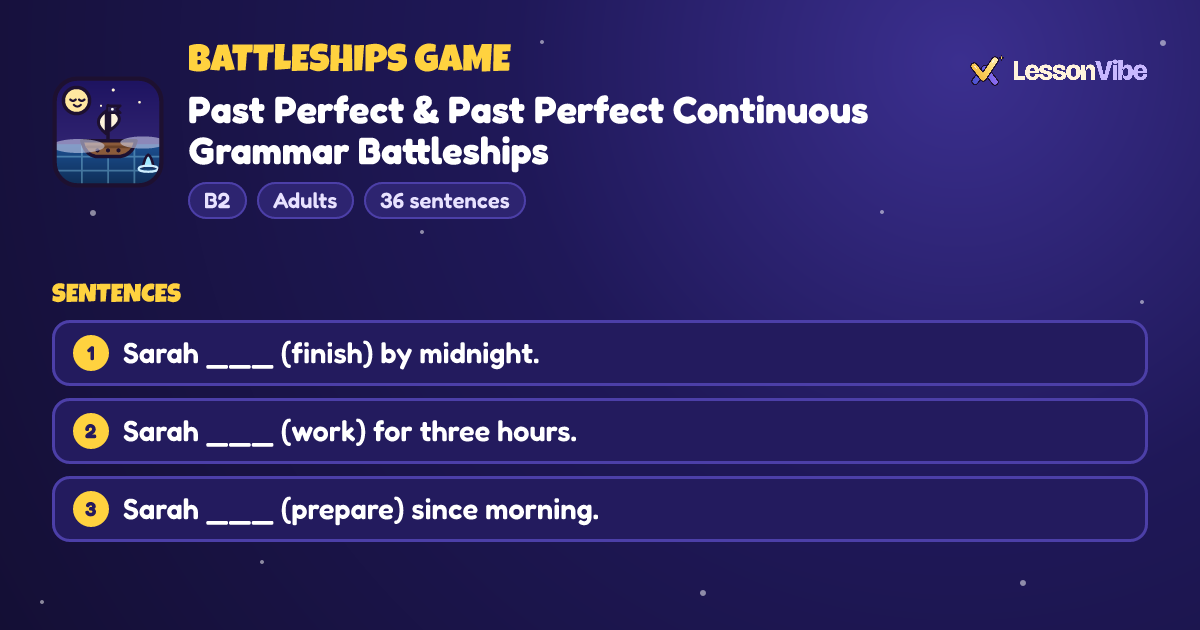 Battleships Game: Past Perfect & Past Perfect Continuous Grammar Battleships (B2, Adults, 36 sentences)