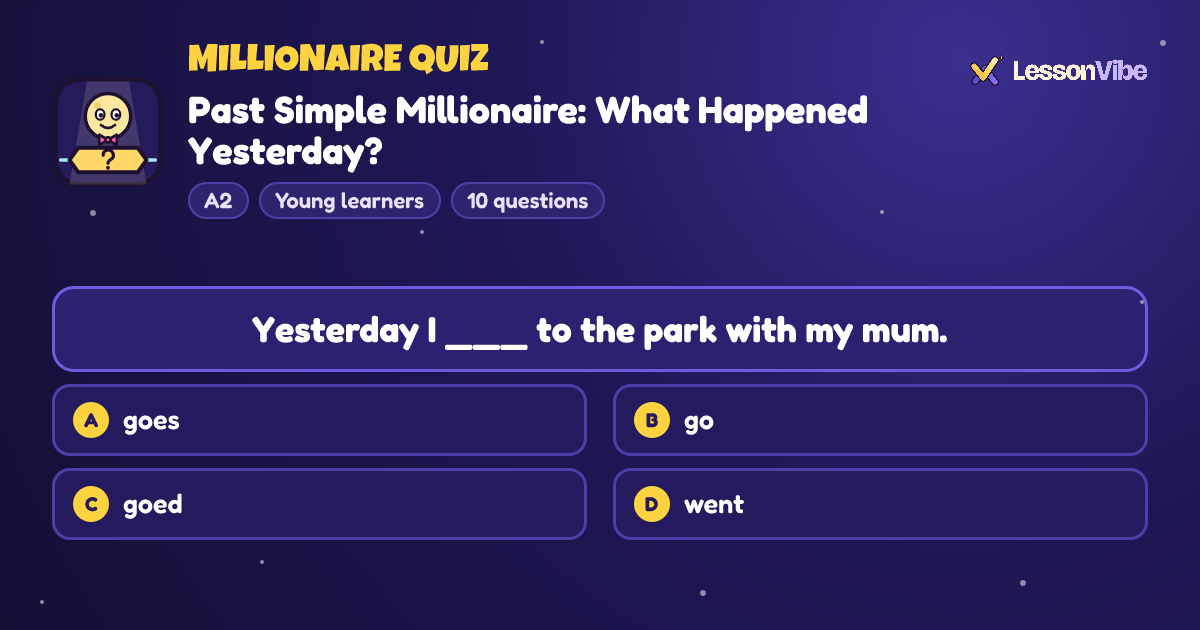 Millionaire Quiz: Past Simple Adventure (A2, Young learners, 10 questions)