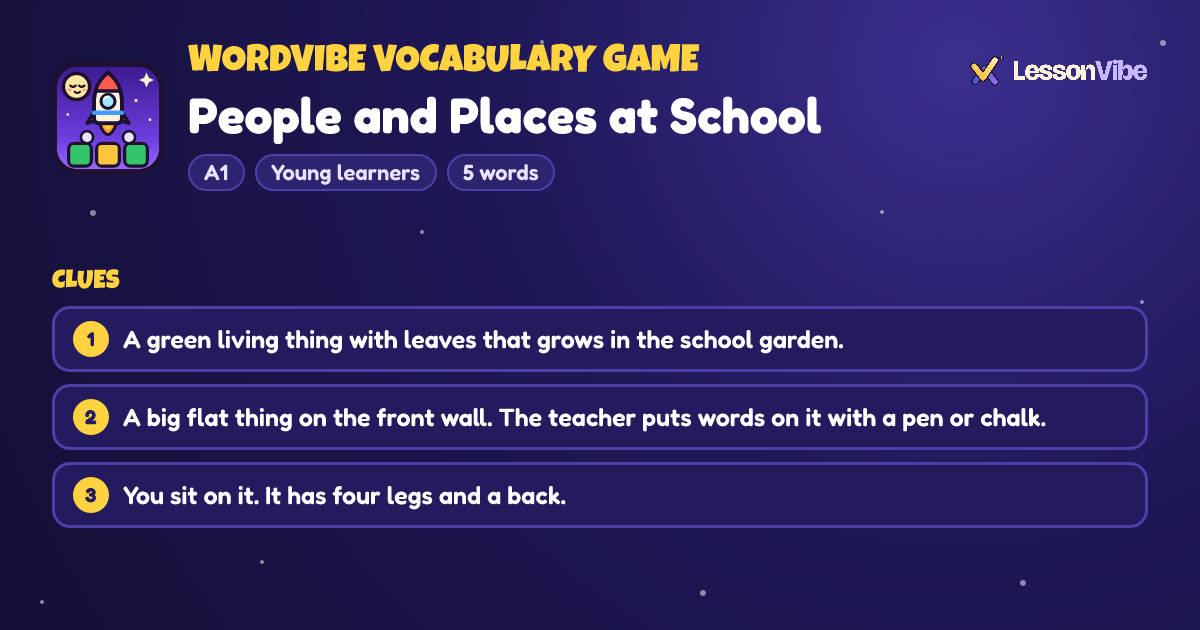 WordVibe Vocabulary Game: People and Places at School (A1, Young learners, 5 words)