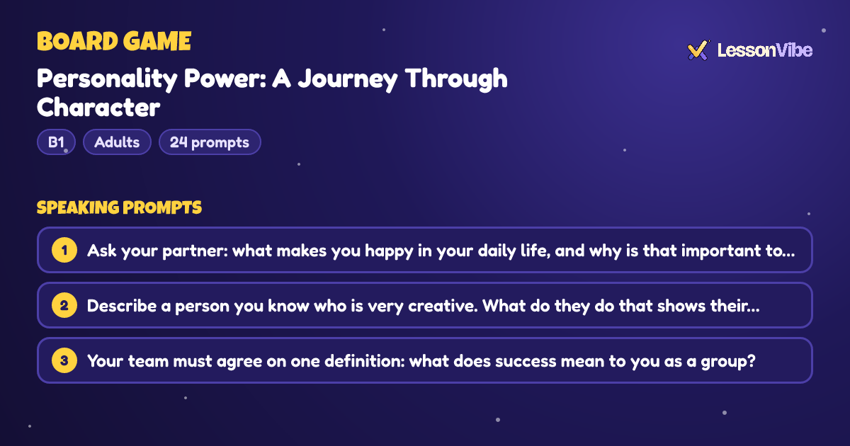 Board Game: Personality Power: A Journey Through Character (B1, Adults, 24 prompts)