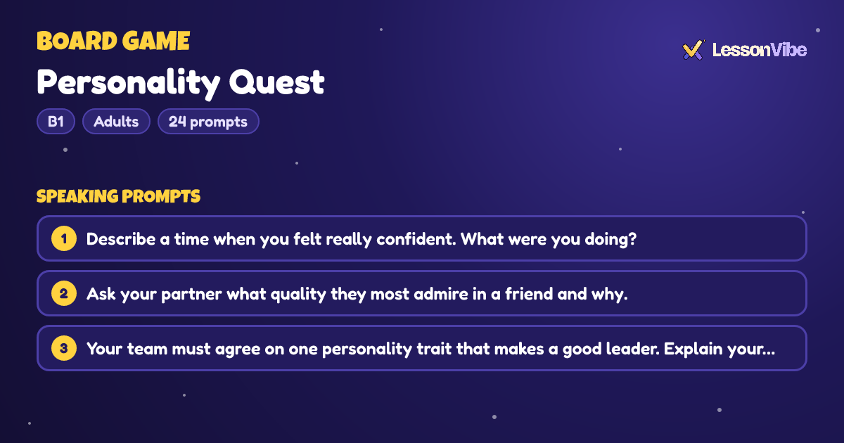 Board Game: Personality Quest (B1, Adults, 24 prompts)