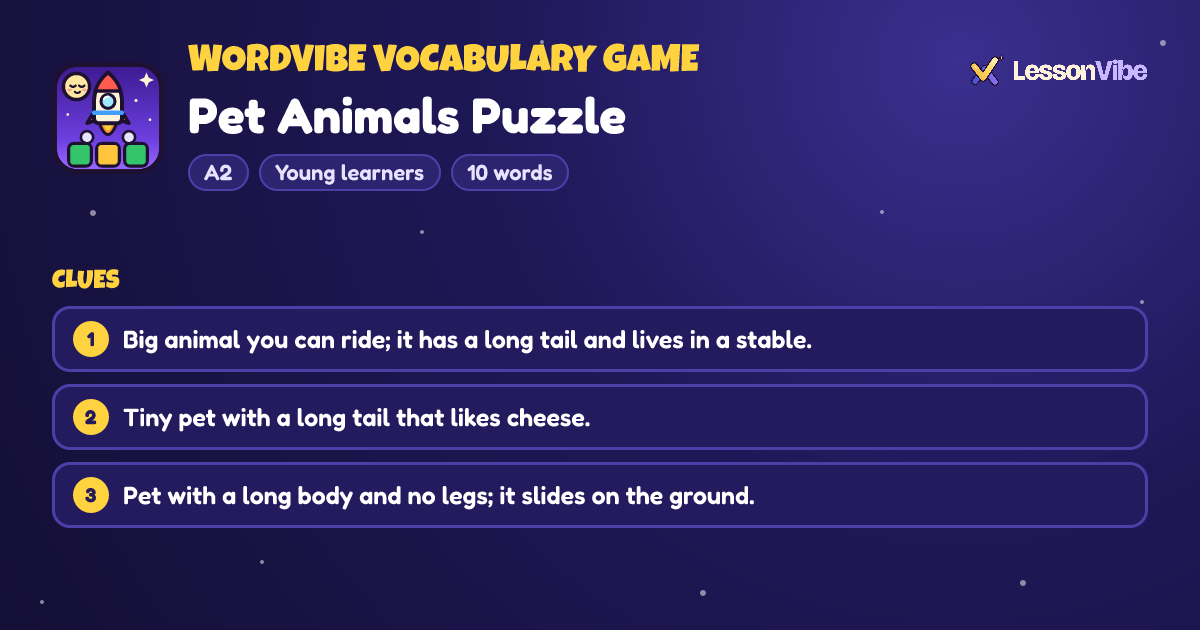 WordVibe Vocabulary Game: Pet Animals Puzzle (A2, Young learners, 10 words)