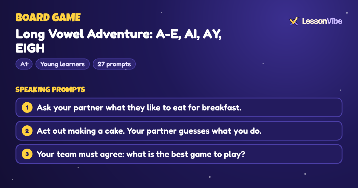 Board Game: Long Vowel Adventure: A-E, AI, AY, EIGH (A1, Young learners, 27 prompts)