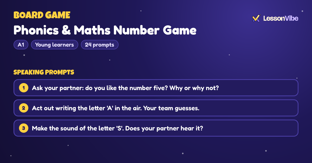 Board Game: Phonics & Maths Number Game (A1, Young learners, 24 prompts)