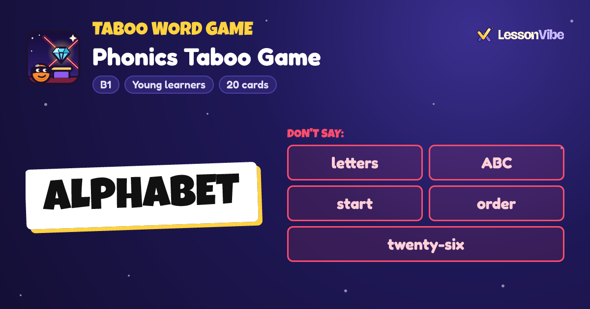 Taboo Word Game: Phonics Taboo Game (B1, Young learners, 20 cards)