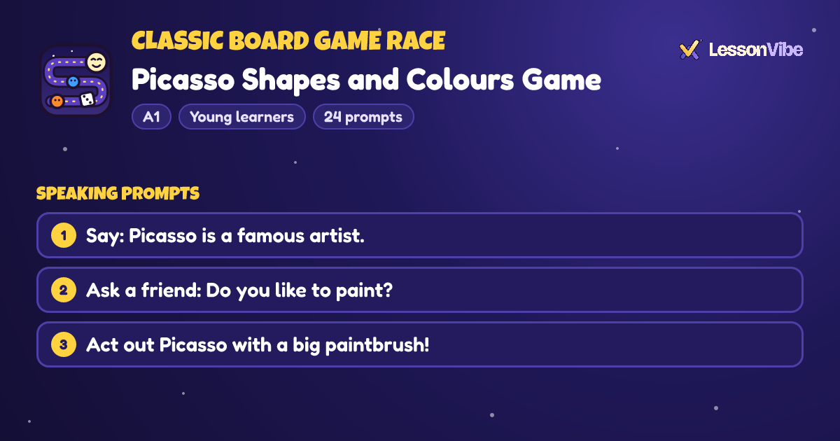 Classic Board Game Race: Picasso Shapes and Colours Game (A1, Young learners, 24 prompts)