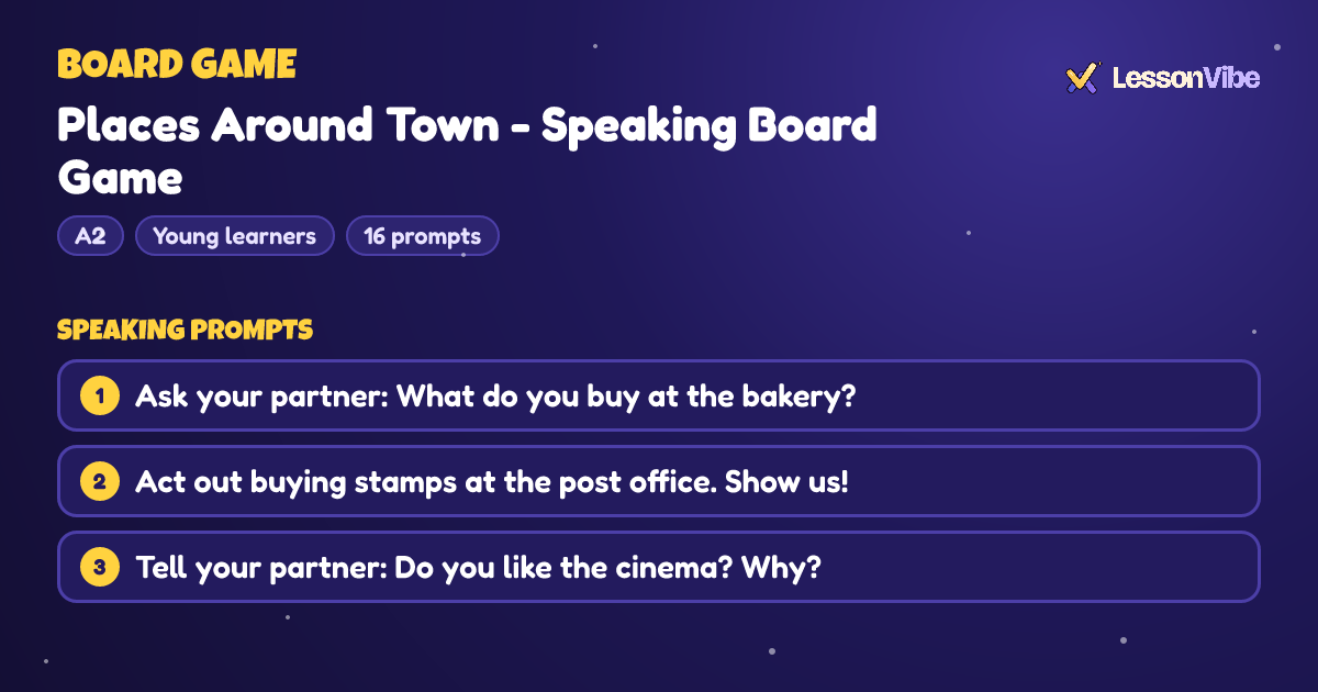Board Game: Places Around Town - Speaking Board Game (A2, Young learners, 17 prompts)
