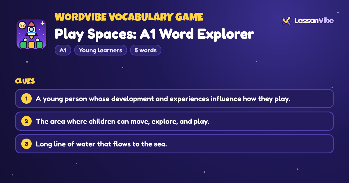 WordVibe Vocabulary Game: Play Spaces: A1 Word Explorer (A1, Young learners, 5 words)