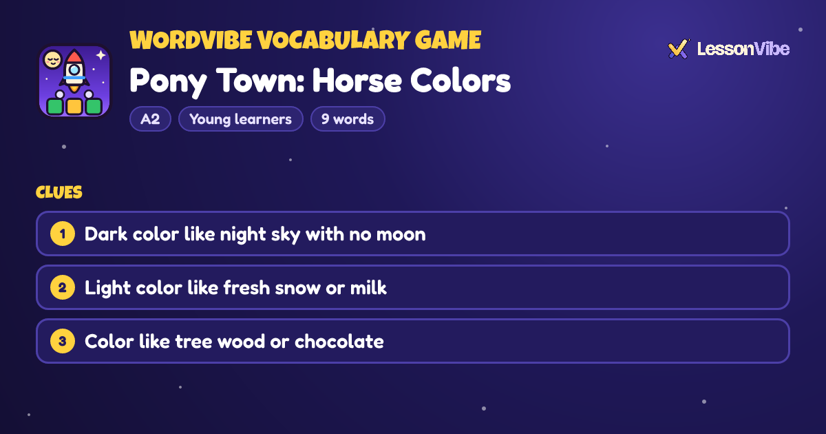 WordVibe Vocabulary Game: Pony Town: Horse Colors (A2, Young learners, 9 words)