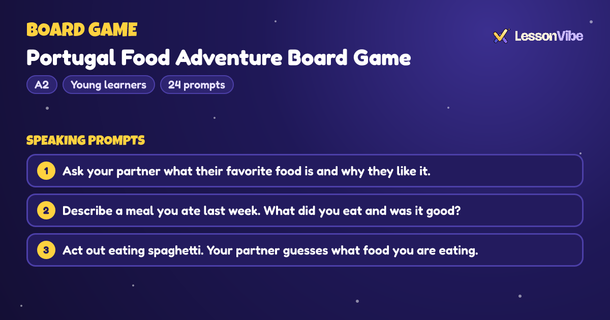 Board Game: Portugal Food Adventure Board Game (A2, Young learners, 24 prompts)