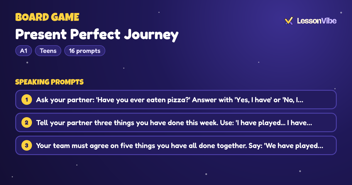 Board Game: Present Perfect Journey (A1, Teens, 16 prompts)