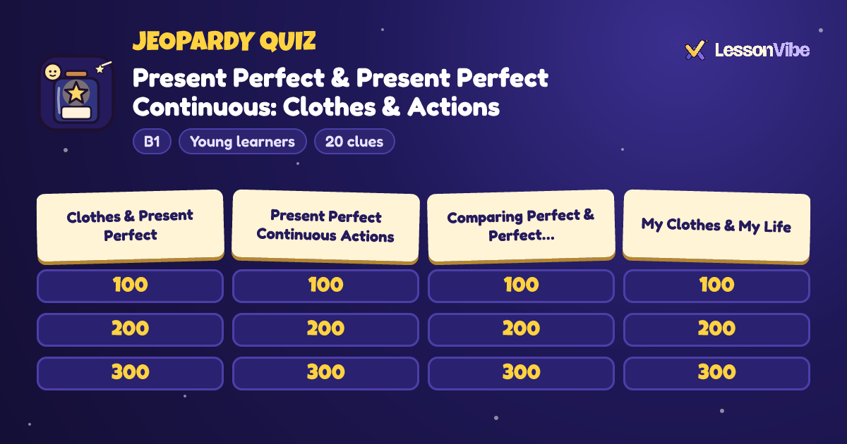 Jeopardy Quiz: Present Perfect & Present Perfect Continuous: Clothes & Actions (B1, Young learners, 20 clues)