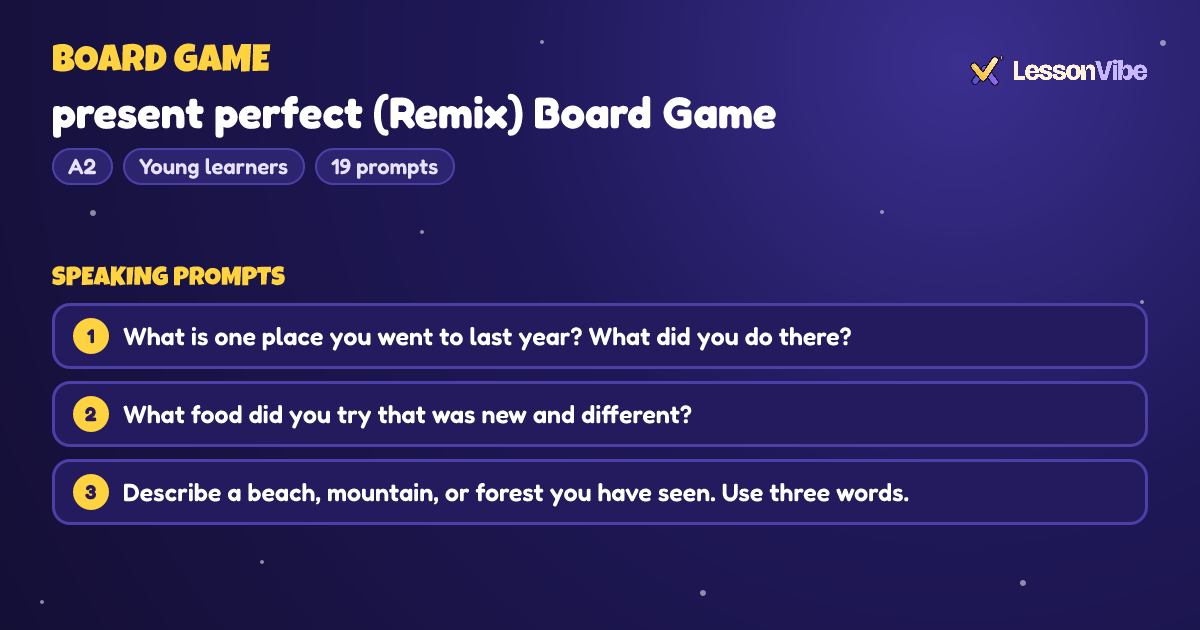 Board Game: present perfect (Remix) Board Game (A2, Young learners, 19 prompts)