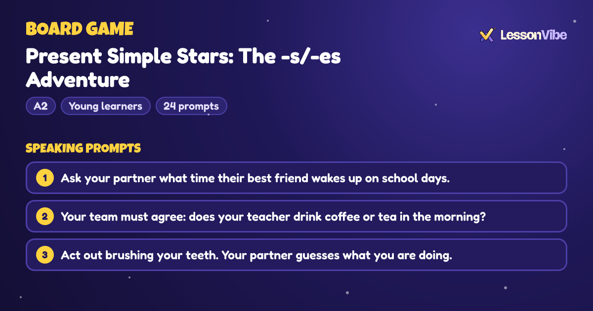 Board Game: Present Simple Stars: The -s/-es Adventure (A2, Young learners, 24 prompts)