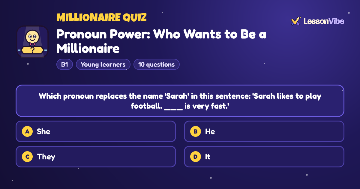 Millionaire Quiz: Pronoun Power: Who Wants to Be a Millionaire (B1, Young learners, 10 questions)
