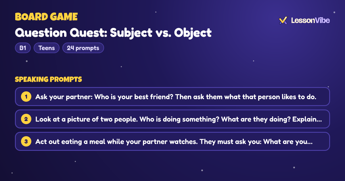 Board Game: Question Quest: Subject vs. Object (B1, Teens, 24 prompts)