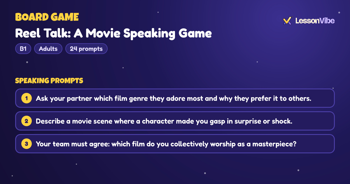 Board Game: Reel Talk: A Movie Speaking Game (B1, Adults, 24 prompts)