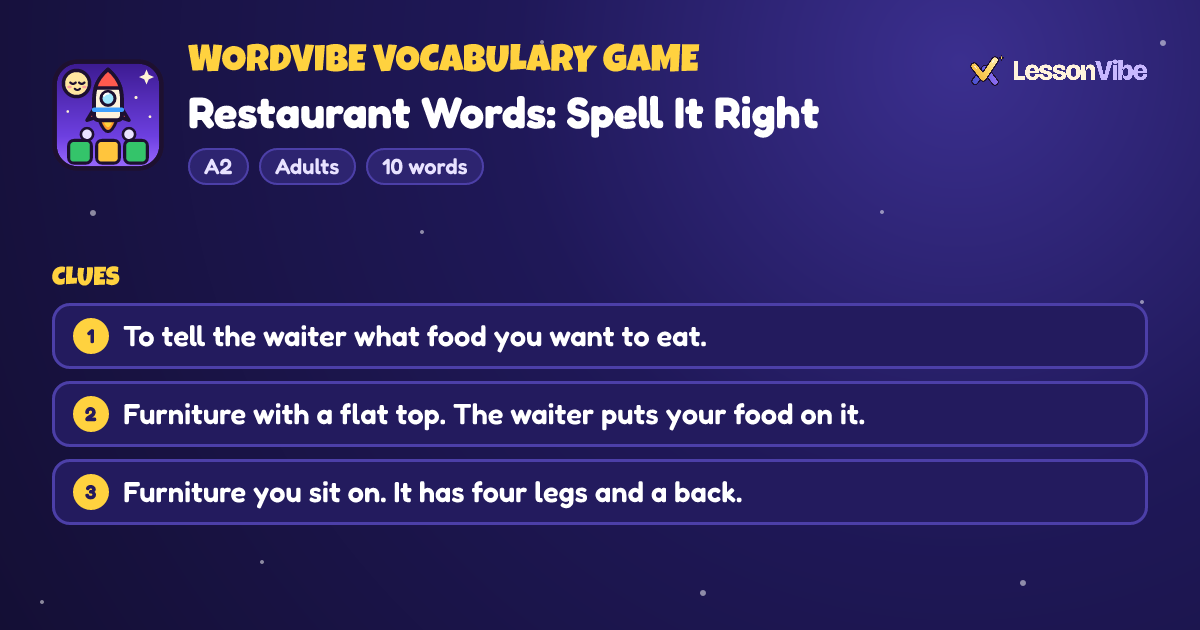 WordVibe Vocabulary Game: Restaurant Words: Spell It Right (A2, Adults, 10 words)