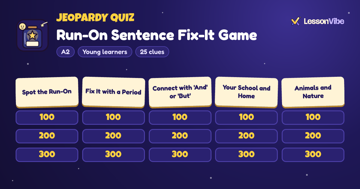 Jeopardy Quiz: Run-On Sentence Fix-It Game (A2, Young learners, 25 clues)