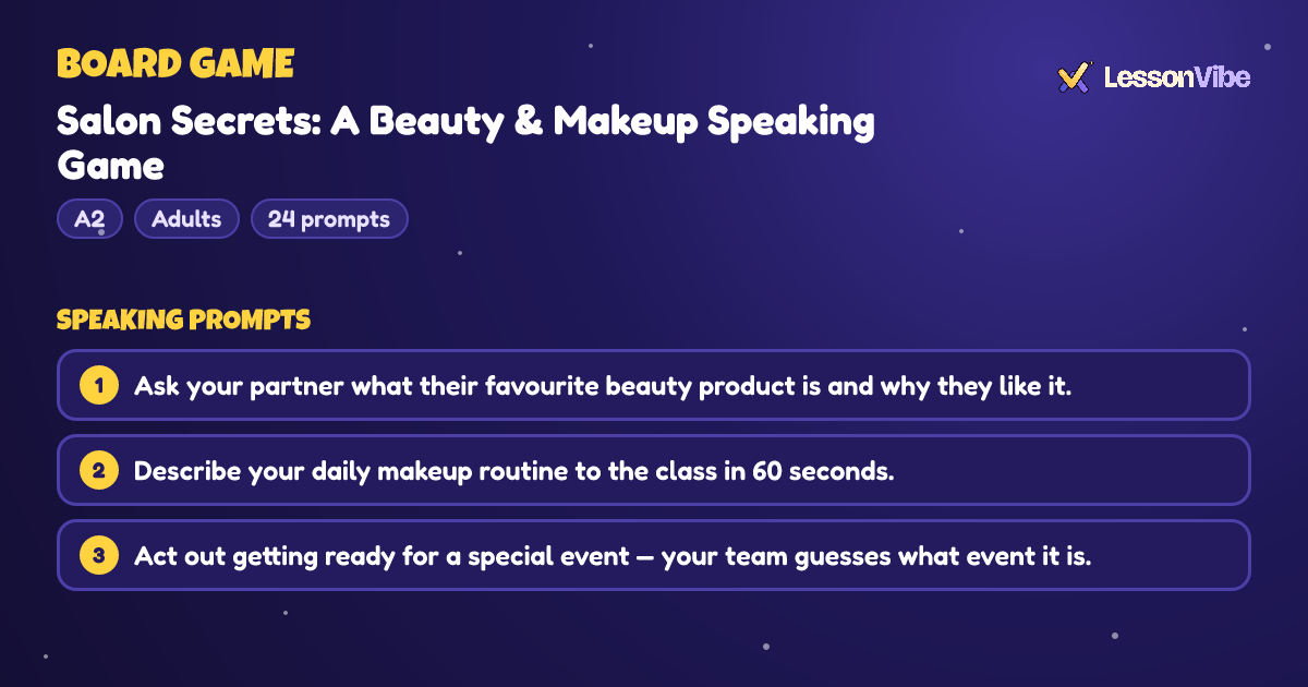 Board Game: Salon Secrets: A Beauty & Makeup Speaking Game (A2, Adults, 24 prompts)