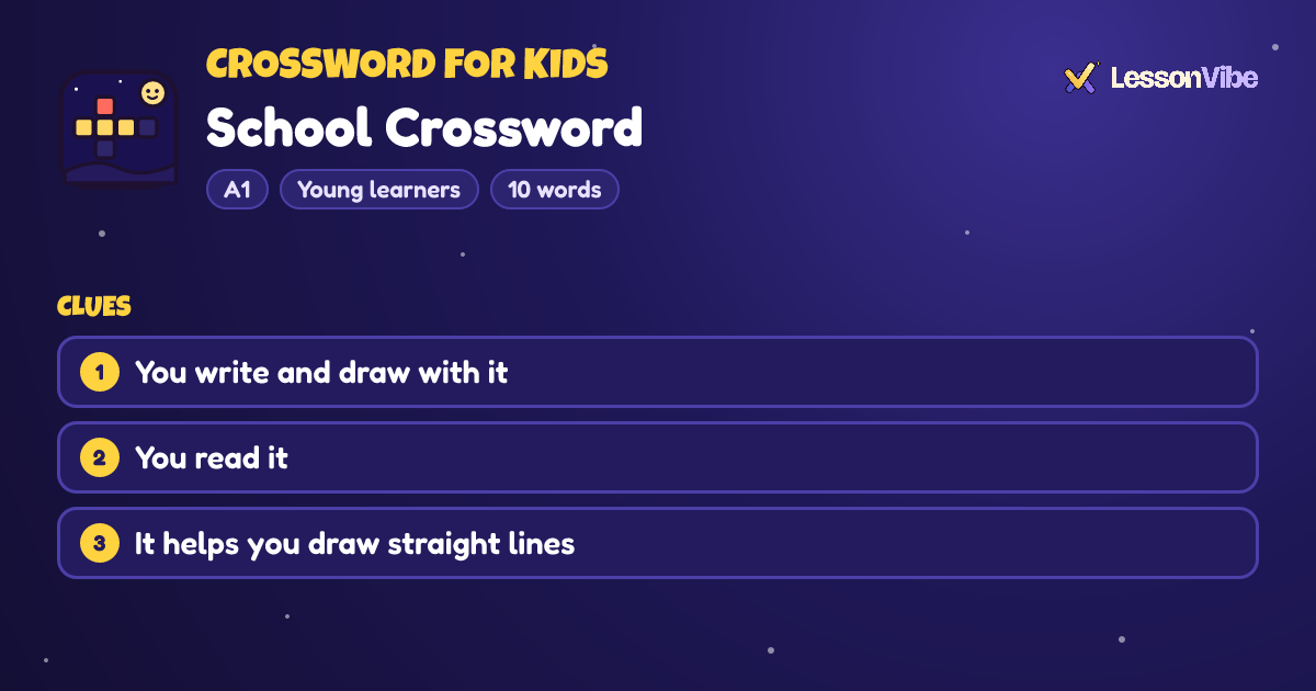 Crossword for Kids: School Crossword (A1, Young learners, 10 words)