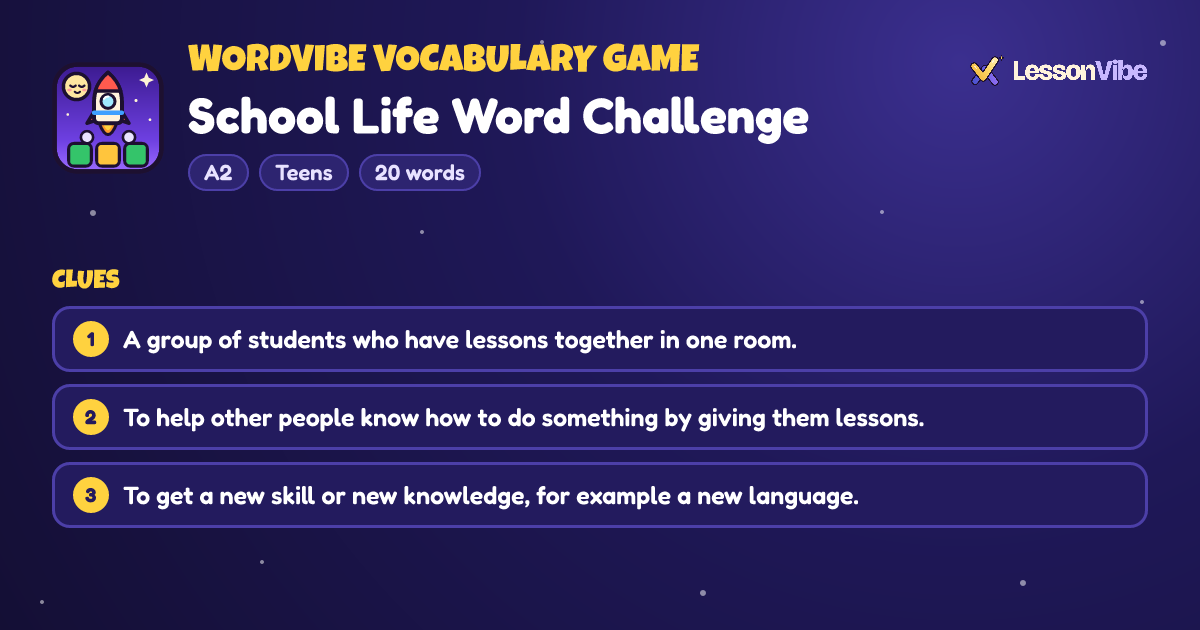 WordVibe Vocabulary Game: School Life Word Challenge (A2, Teens, 20 words)