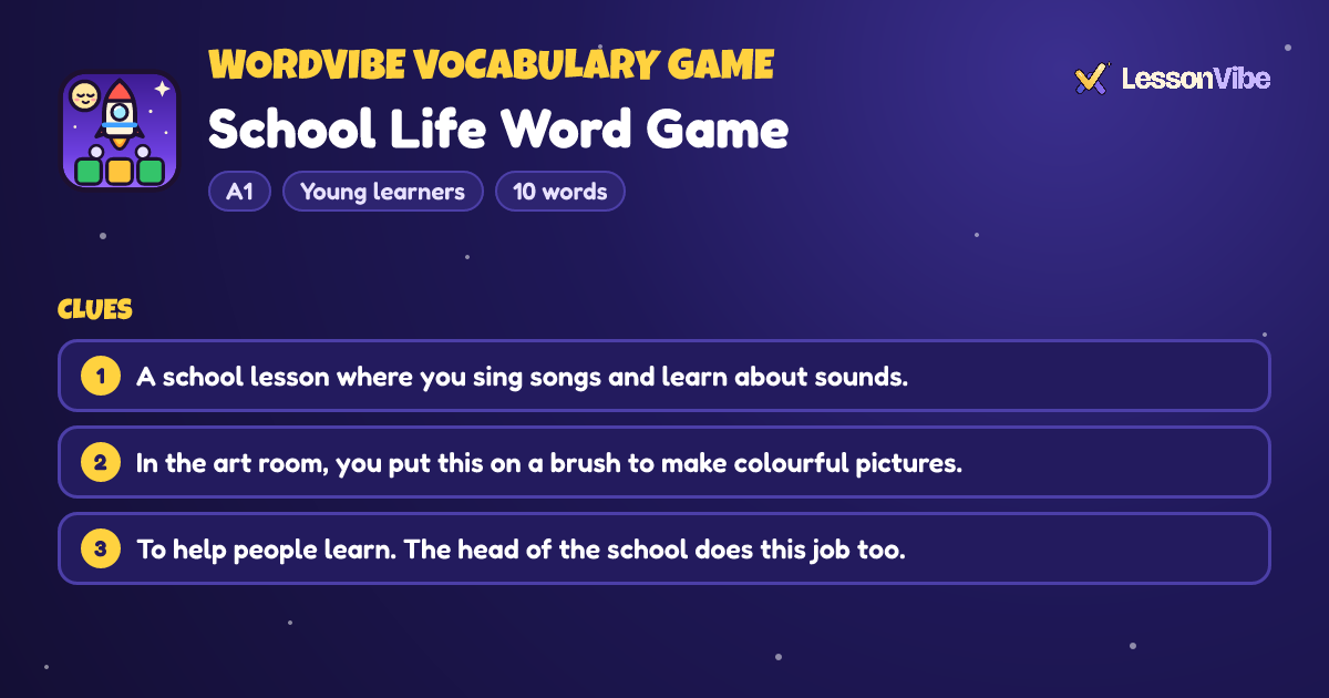 WordVibe Vocabulary Game: School Life Word Game (A1, Young learners, 10 words)