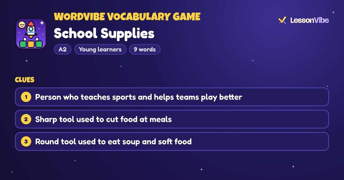 WordVibe Vocabulary Game: School Supplies (A2, Young learners, 9 words)