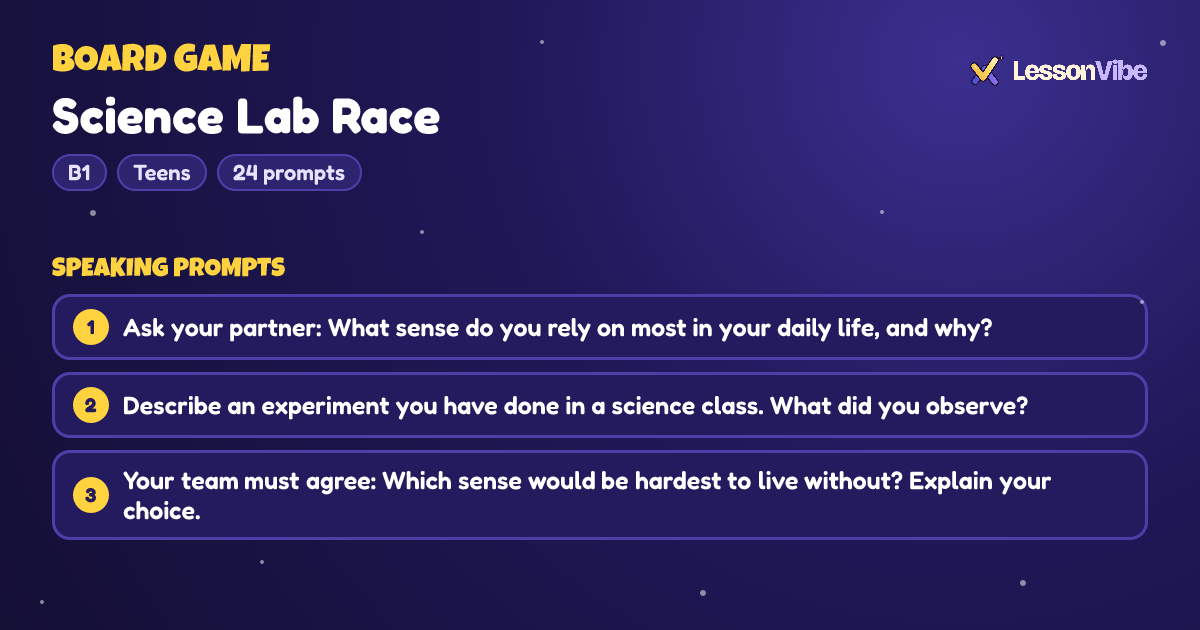 Board Game: Science Lab Race (B1, Teens, 24 prompts)