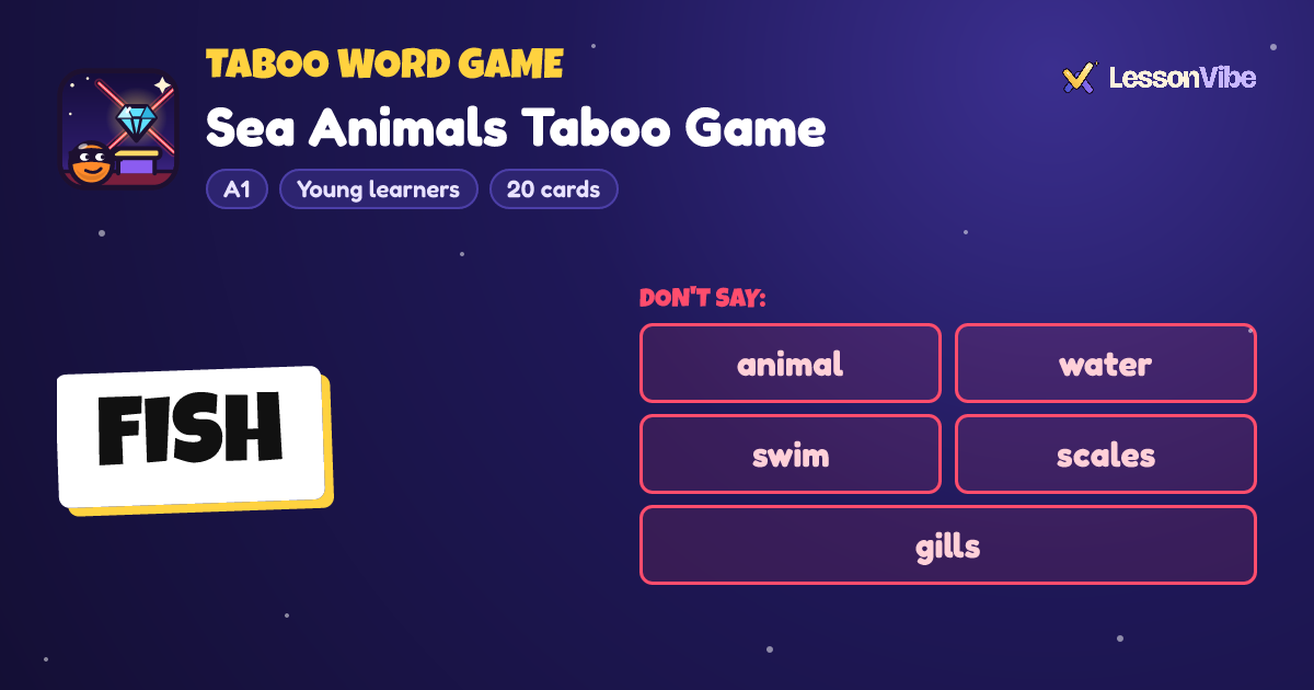Taboo Word Game: Sea Animals Taboo Game (A1, Young learners, 20 cards)