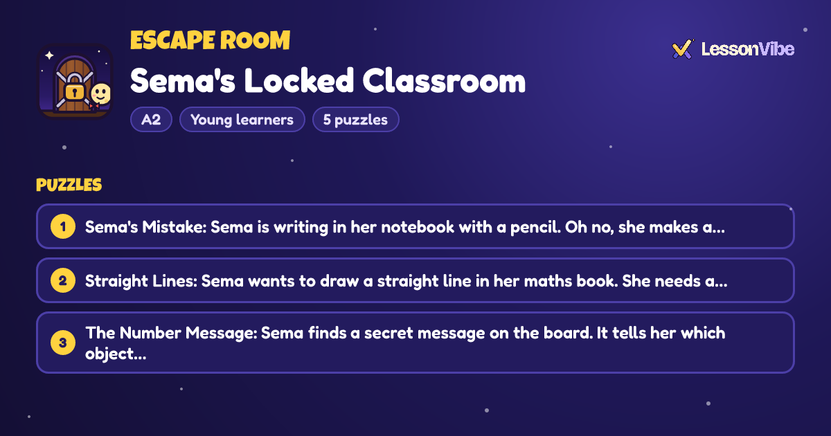 Escape Room: Sema's Locked Classroom (A2, Young learners, 5 puzzles)