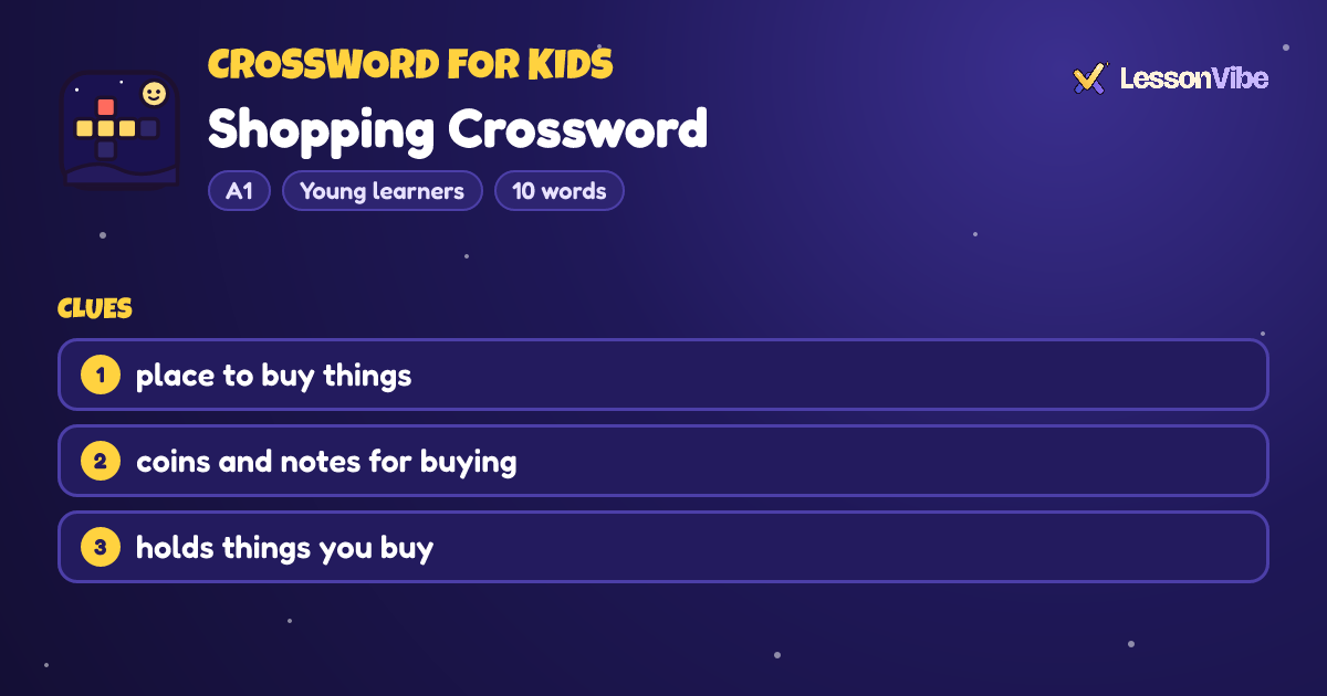 Crossword for Kids: Shopping Crossword (A1, Young learners, 10 words)