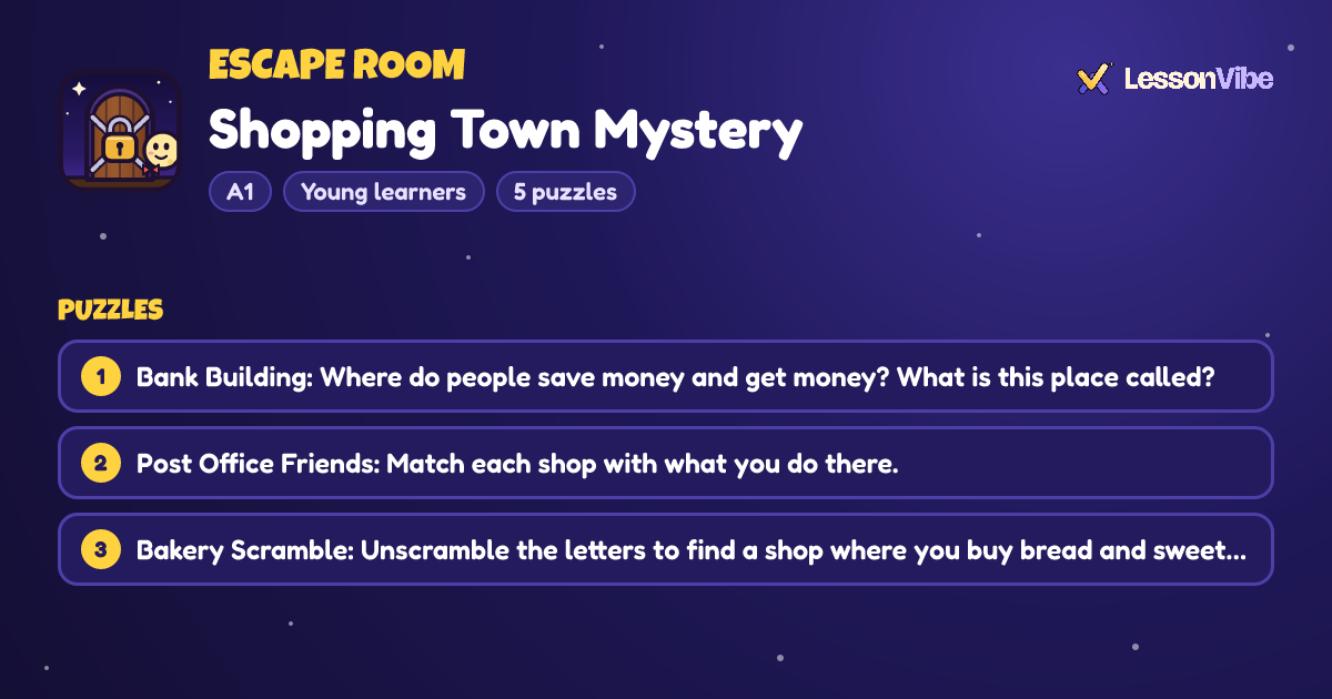 Escape Room: Shopping Town Mystery (A1, Young learners, 5 puzzles)