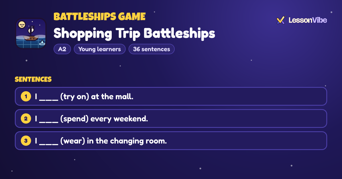 Battleships Game: Shopping Trip Battleships (A2, Young learners, 36 sentences)