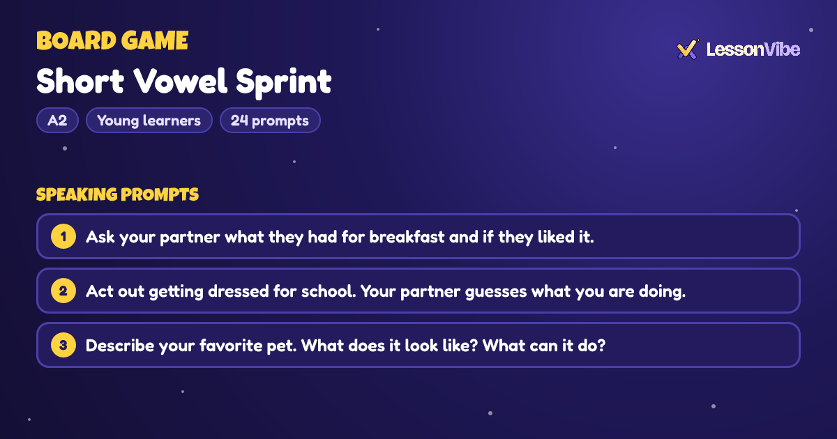 Board Game: Short Vowel Sprint (A2, Young learners, 24 prompts)