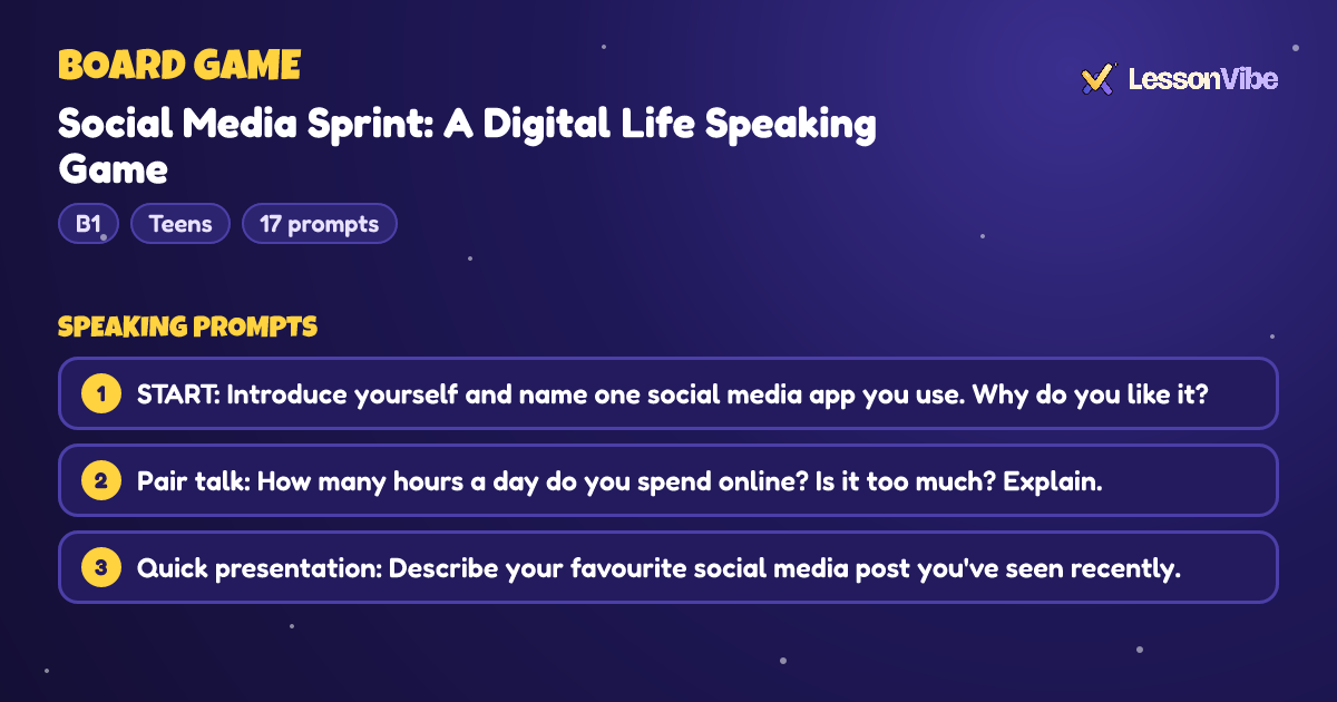 Board Game: Social Media Sprint: A Digital Life Speaking Game (B1, Teens, 17 prompts)